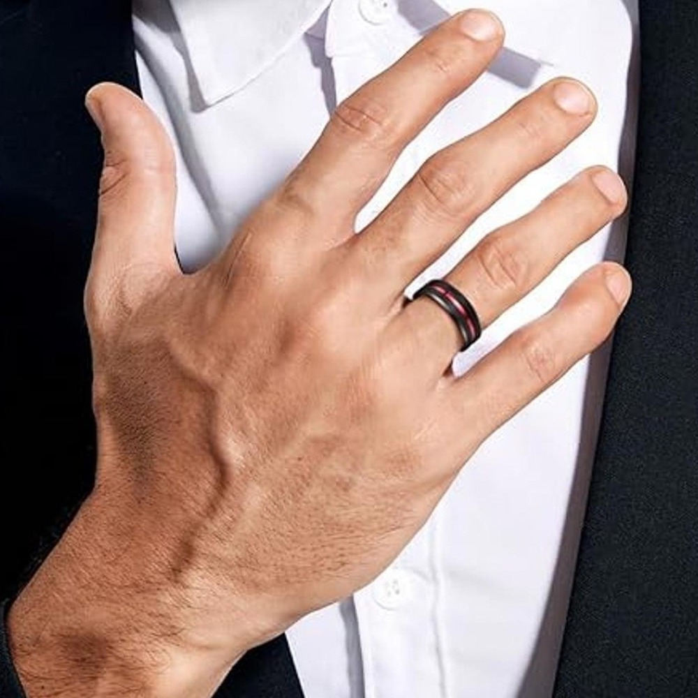 NUNCAD 8mm Tungsten Carbide Ring Men's with Velvet Pouch - Size 13.5 Black Red